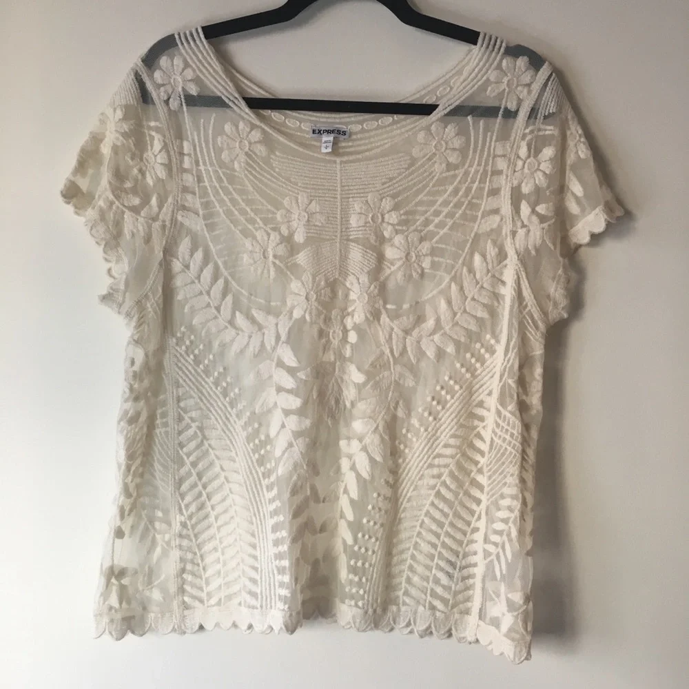 Express Cream Cap Sleeve Sheer Lace Top - Picture 3 of 10